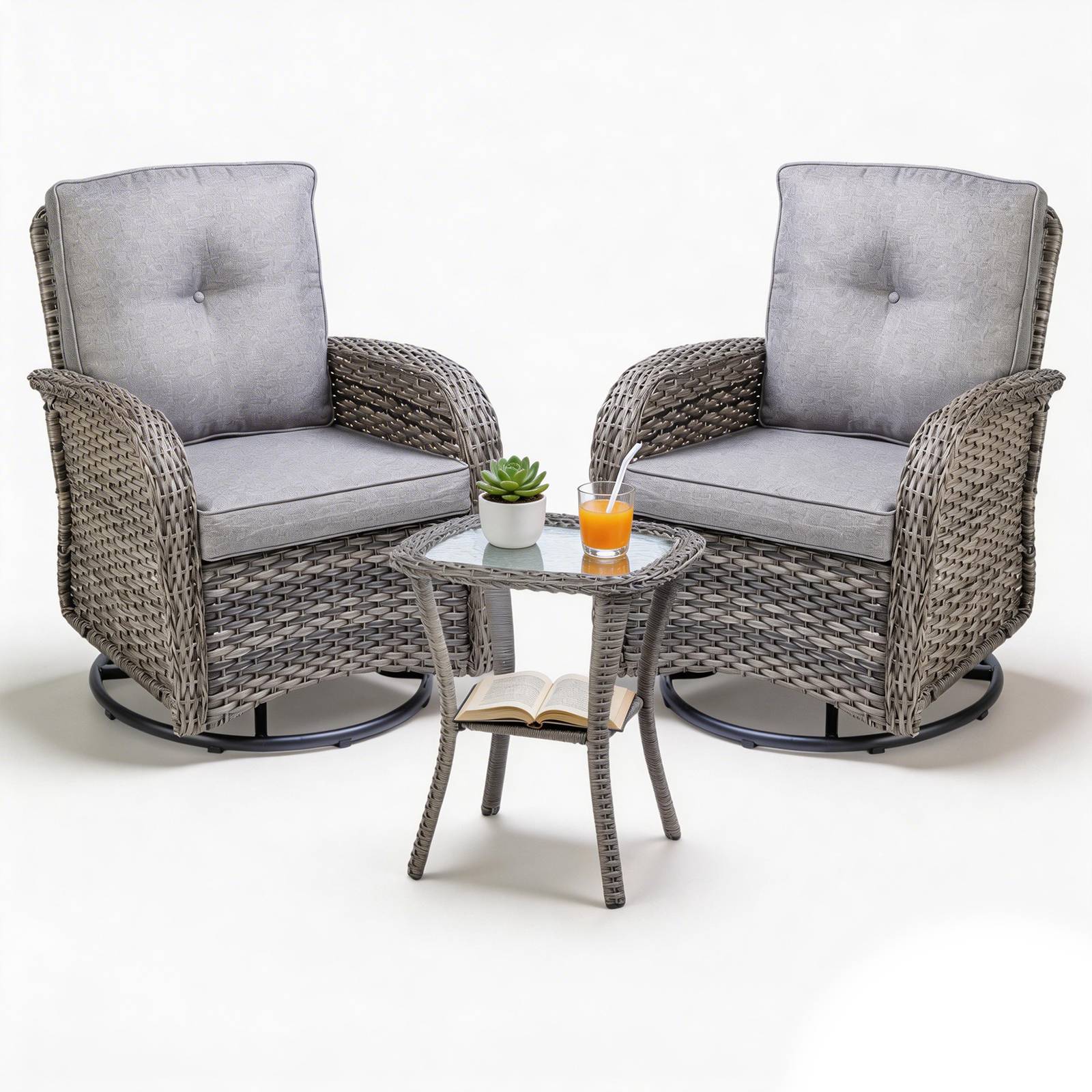 BIRCHTREE 3 Piece Rattan Armchair Table Set Grey