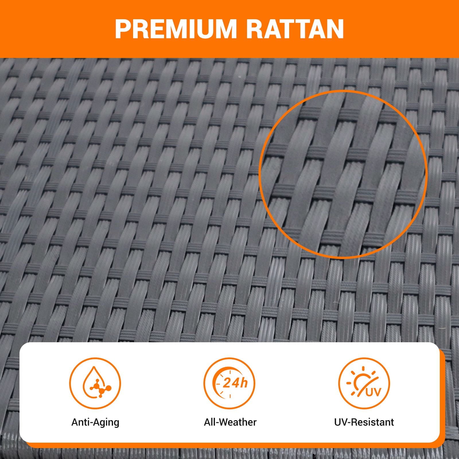 Zoomed in image of wovan 'premium rattan' with text stating it's 'anti-ageing' 'all-weather' and 'UV-reistant'