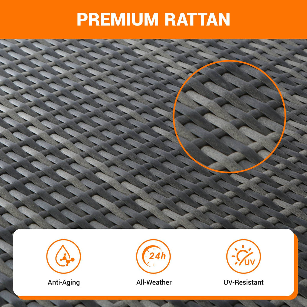 Zoomed in image of woven 'premium rattan' with showing texts stating 'anti-ageing' 'all-weather' and 'UV resistance'