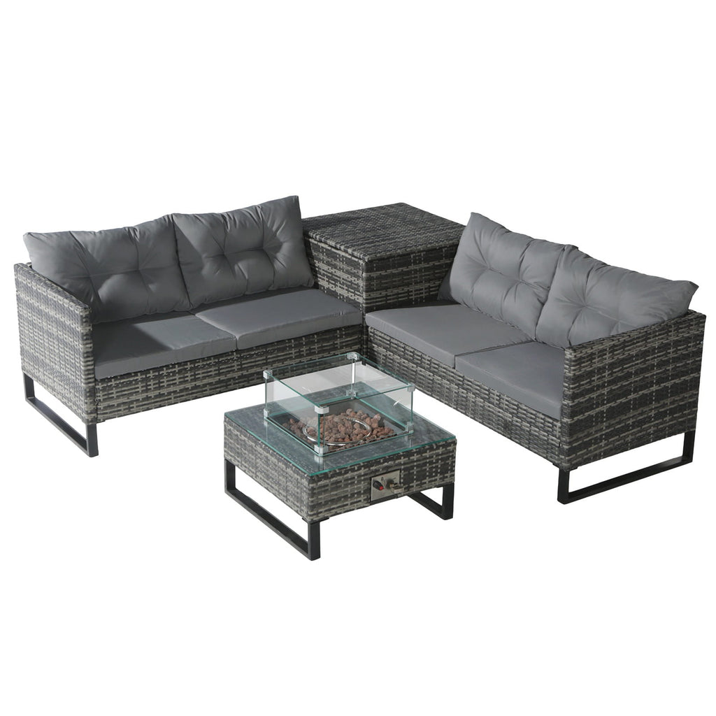 Rattan furniture set with two sofas and an outdoor fire pit table on a white background