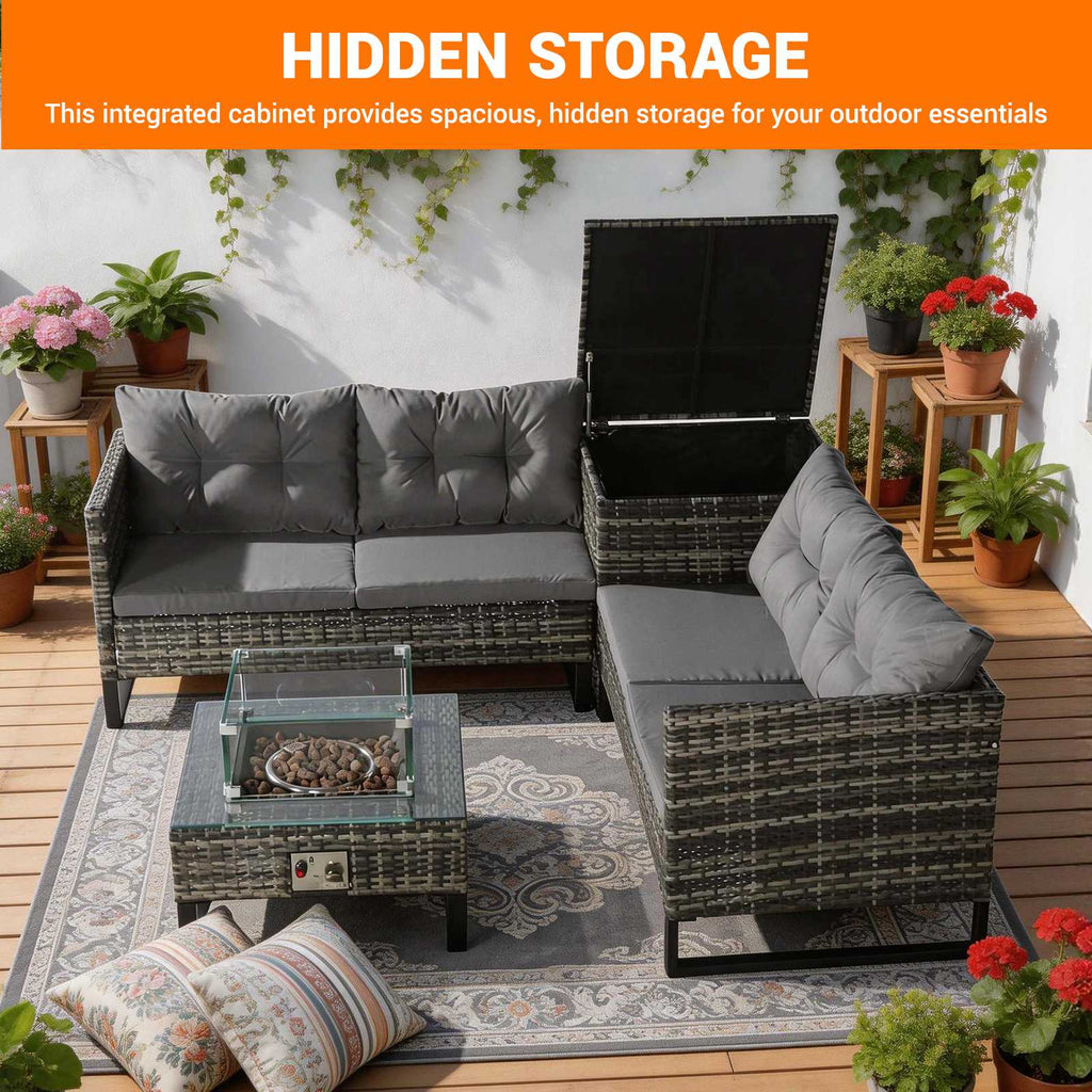 Rattan furniture set with text showing the hidden storage and an outdoor fire pit table,