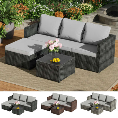 BIRCHTREE Rattan Garden Furniture Set Corner Sofa Glass Table Patio 5 Pieces 01