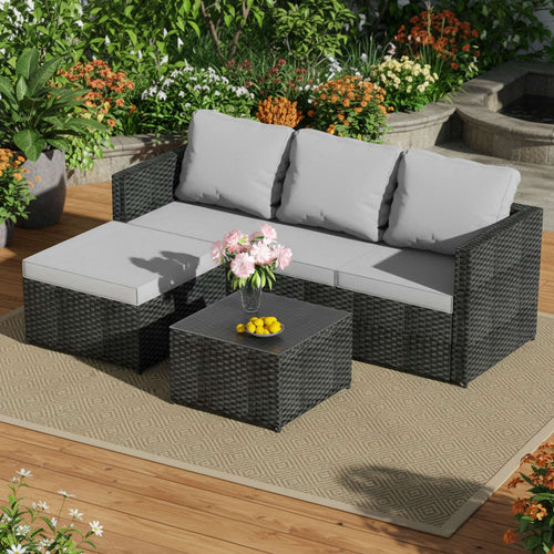 BIRCHTREE Rattan Garden Furniture Set Corner Sofa Glass Table Patio 5 Pieces 01