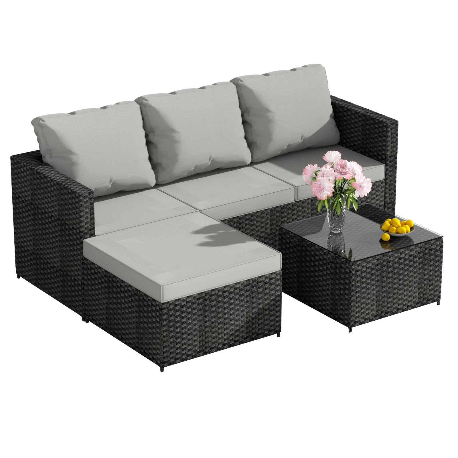 BIRCHTREE Rattan Garden Furniture Set Corner Sofa Glass Table Patio 5 Pieces 01