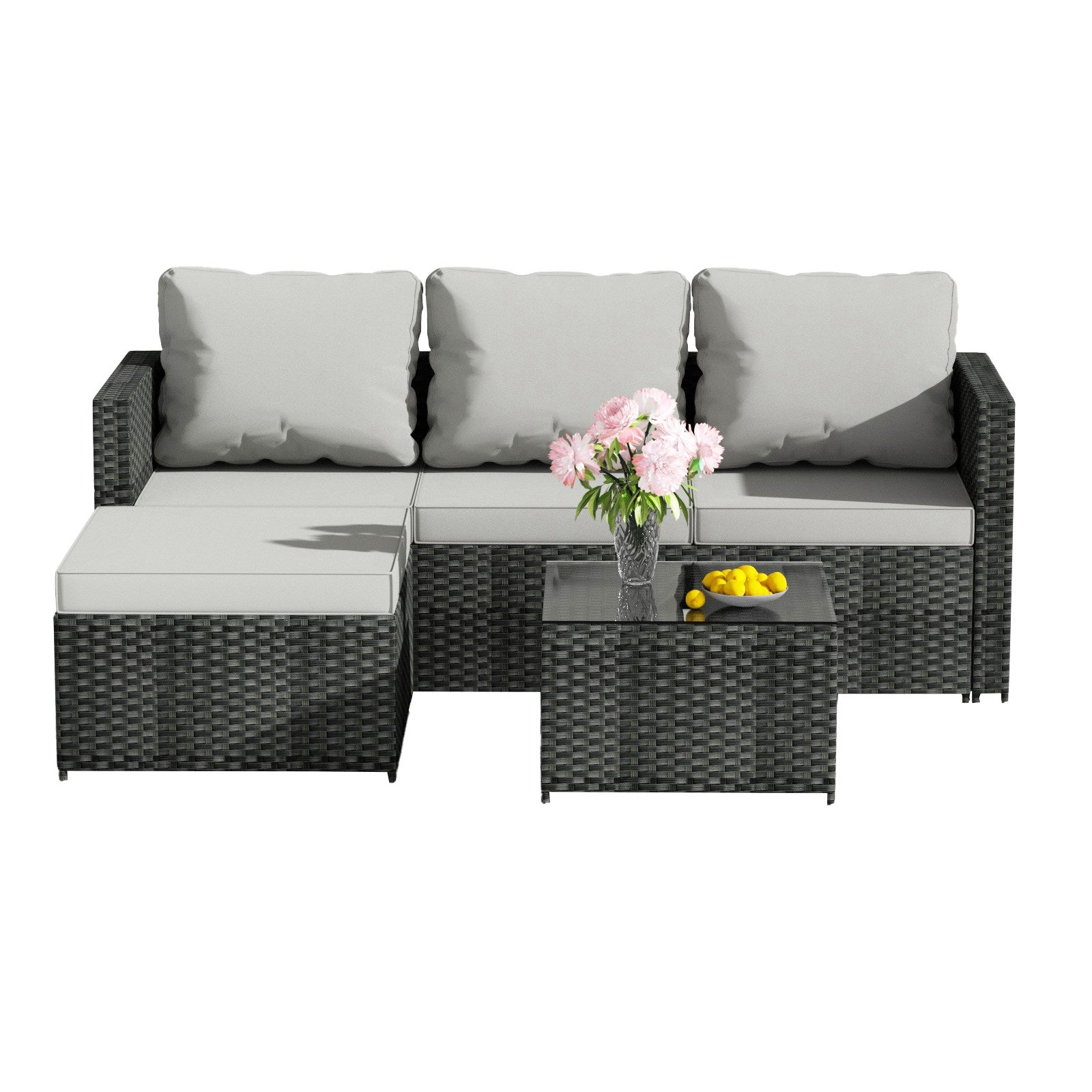BIRCHTREE Rattan Garden Furniture Set Corner Sofa Glass Table Patio 5 Pieces 01