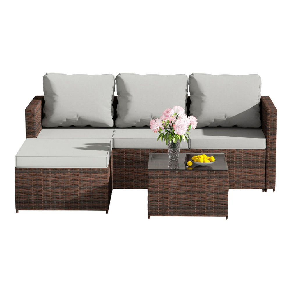 BIRCHTREE Rattan Garden Furniture Set Corner Sofa Glass Table Patio 5 Pieces 01