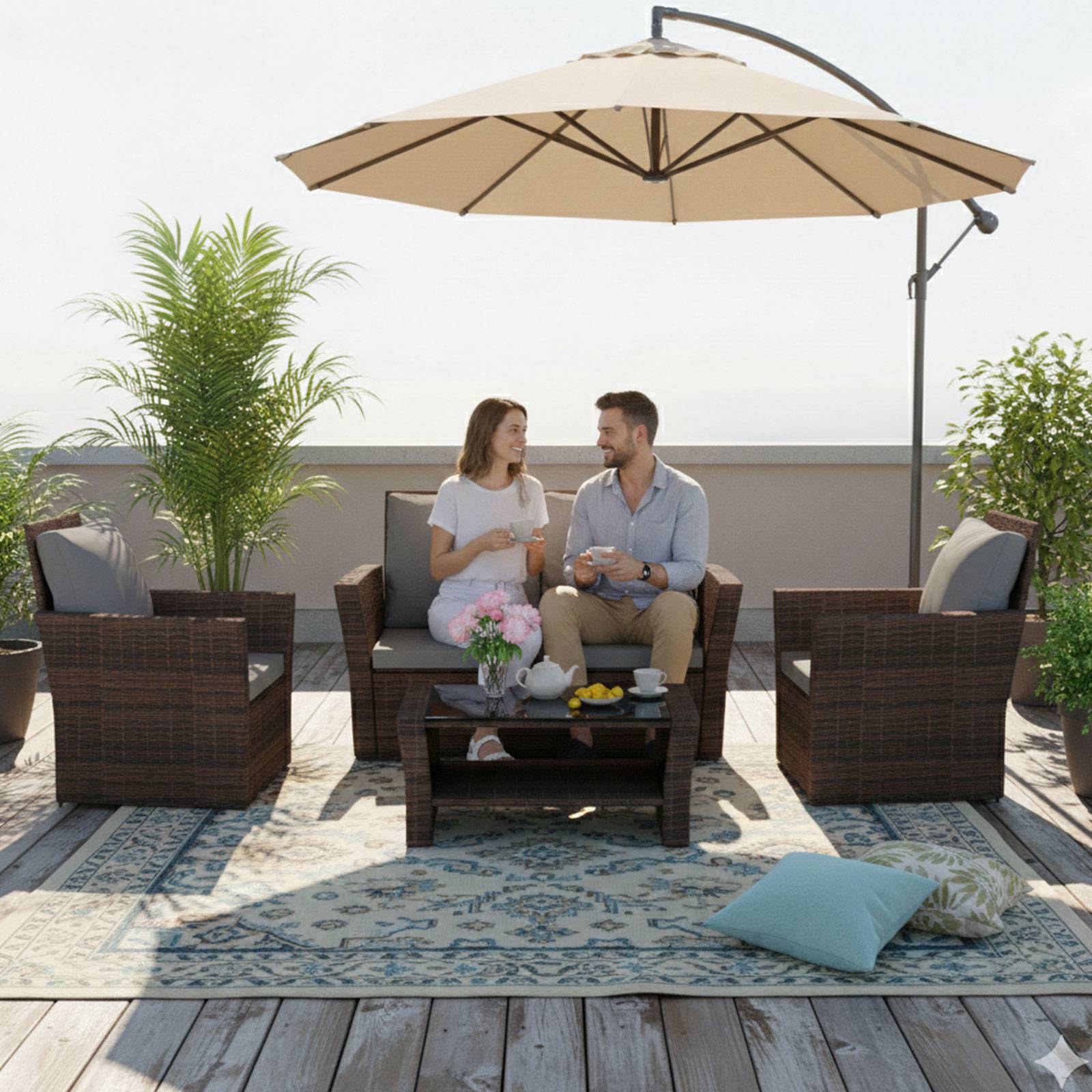 BIRCHTREE Rattan Garden Furniture Set Armchair Sofa Glass Table 02