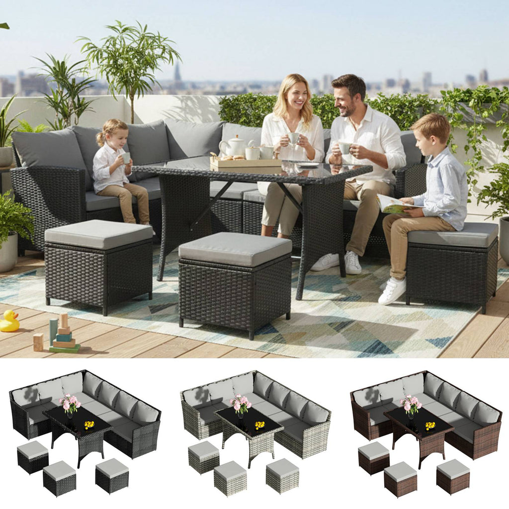 BIRCHTREE Rattan Garden Furniture Set Sofa Footstool Glass Table 9 Seat Patio 04