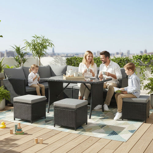 BIRCHTREE Rattan Garden Furniture Set Sofa Footstool Glass Table 9 Seat Patio 04