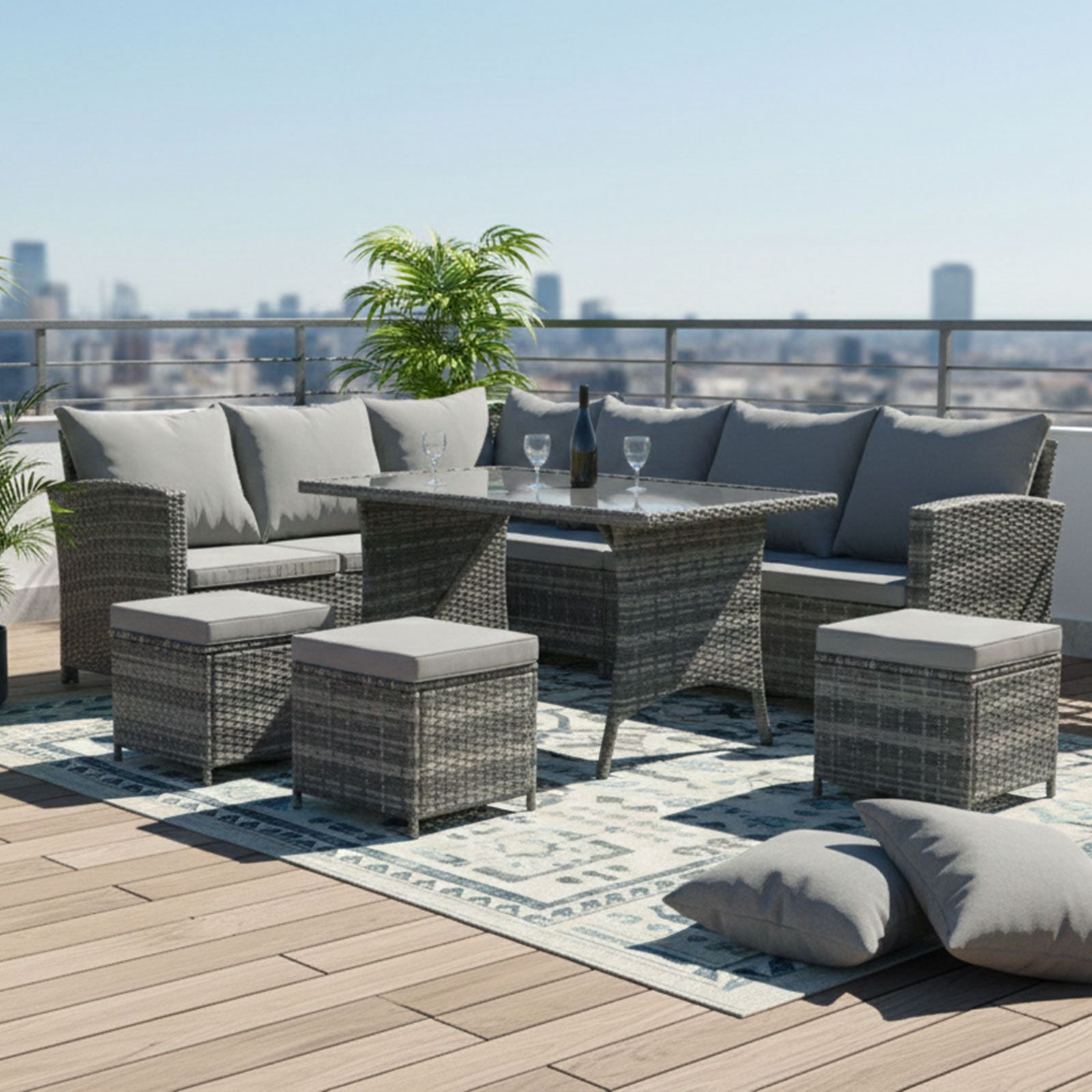 BIRCHTREE Rattan Garden Furniture Set Sofa Footstool Glass Table 9 Seat Patio 04