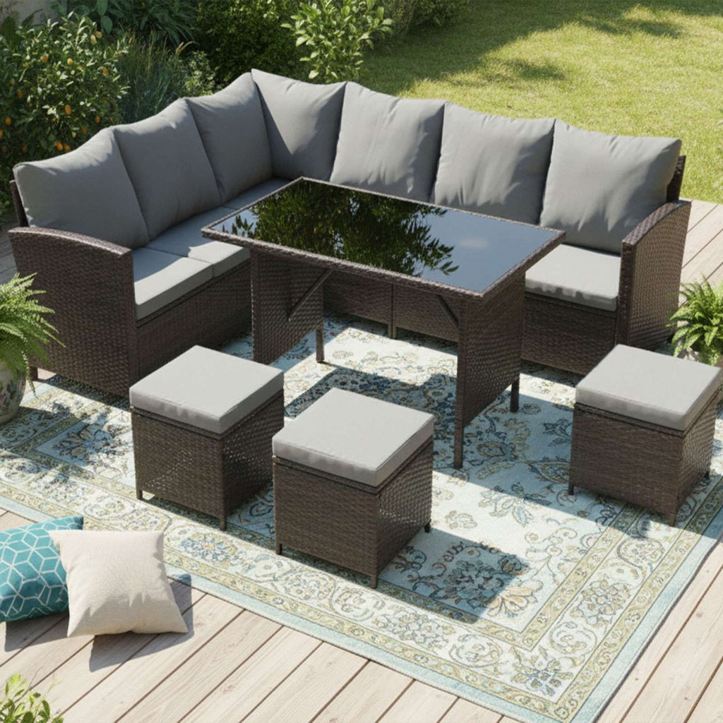 BIRCHTREE Rattan Garden Furniture Set Sofa Footstool Glass Table 9 Seat Patio 04