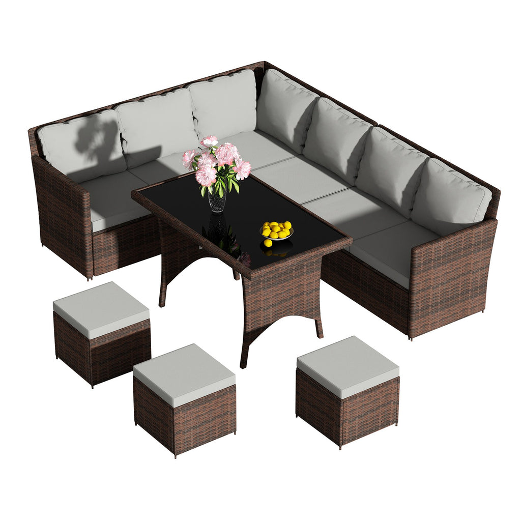 BIRCHTREE Rattan Garden Furniture Set Sofa Footstool Glass Table 9 Seat Patio 04