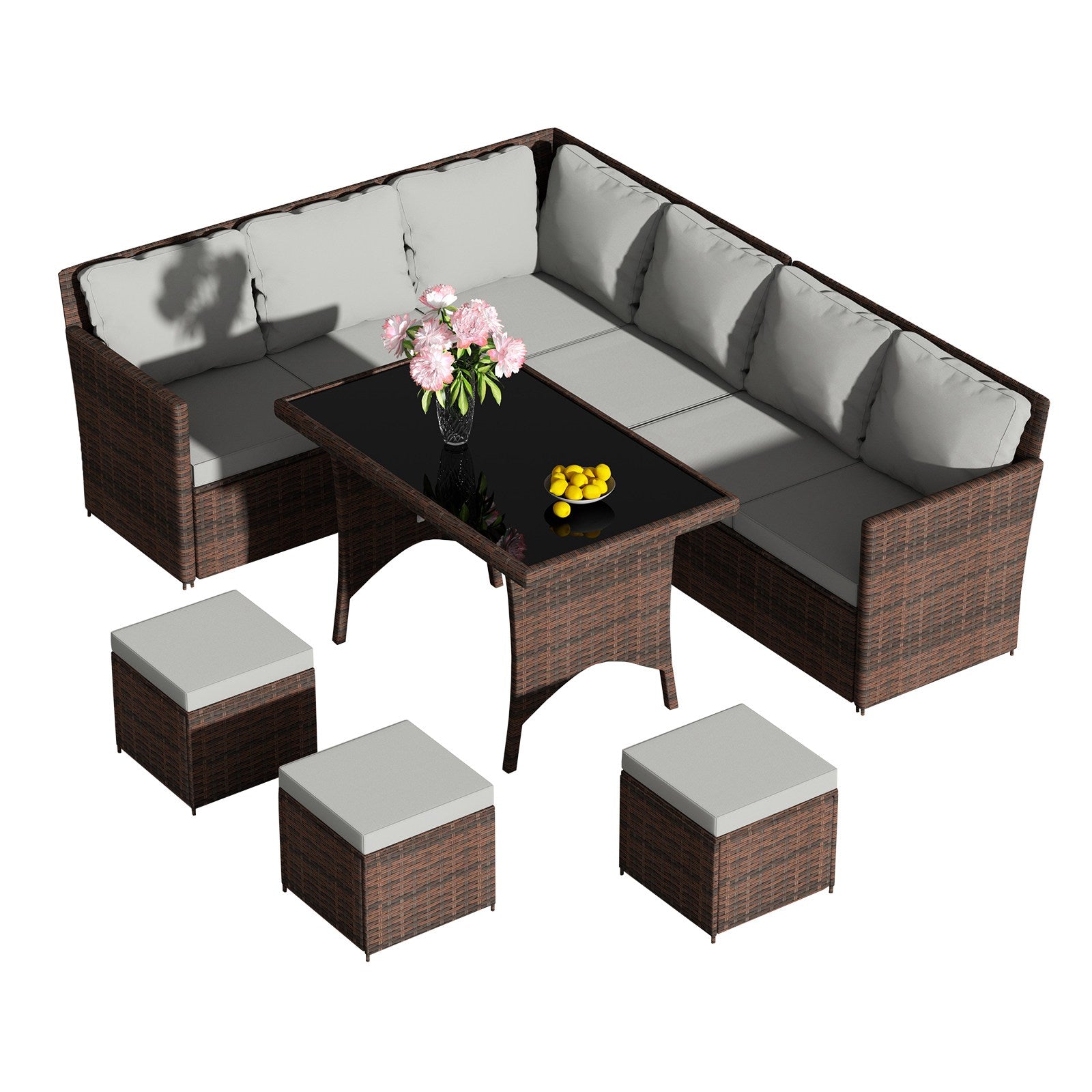 BIRCHTREE Rattan Garden Furniture Set Sofa Footstool Glass Table 9 Seat Patio 04