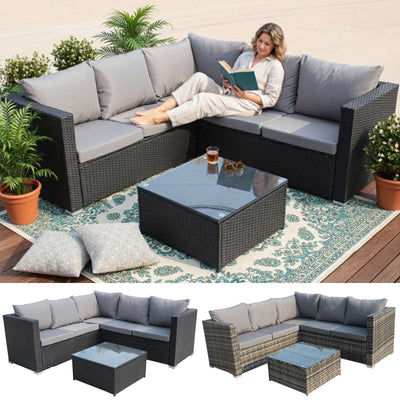 BIRCHTREE Rattan Garden Furniture Set Corner Sofa Glass Table Patio 5 Seaters 08