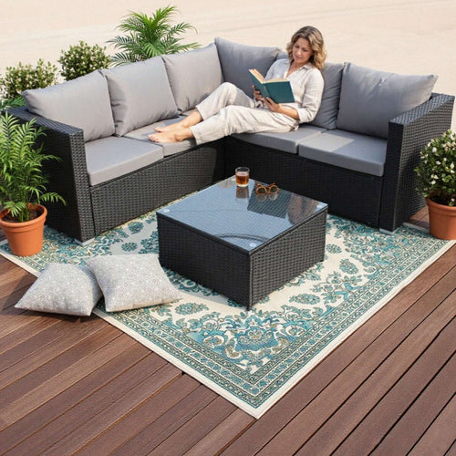 BIRCHTREE Rattan Garden Furniture Set Corner Sofa Glass Table Patio 5 Seaters 08