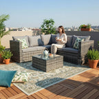 BIRCHTREE Rattan Garden Furniture Set Corner Sofa Glass Table Patio 5 Seaters 08