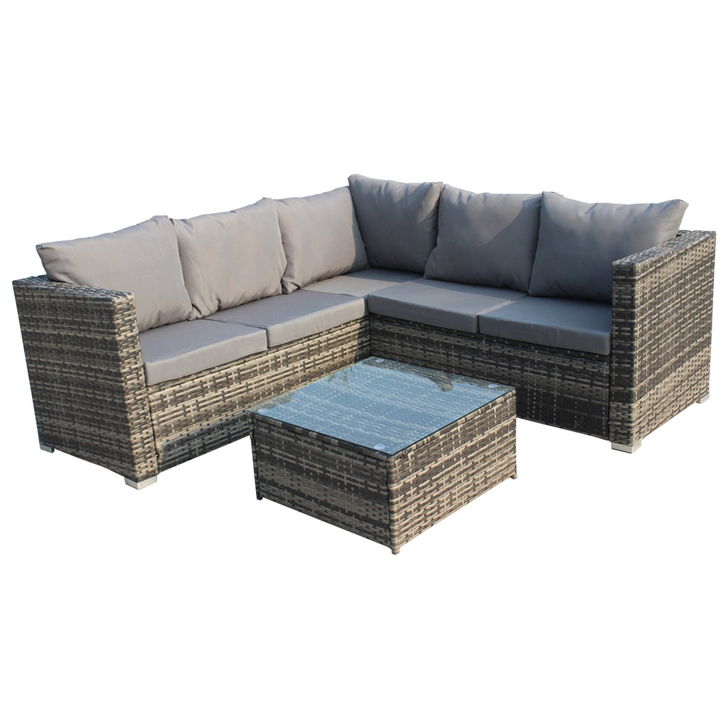 BIRCHTREE Rattan Garden Furniture Set Corner Sofa Glass Table Patio 5 Seaters 08