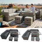 BIRCHTREE Rattan Furniture Set 8-Seater with Fire Pit Table, Side Table & Stool 10