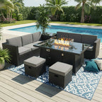 BIRCHTREE Rattan Furniture Set 8-Seater with Fire Pit Table, Side Table & Stool 10