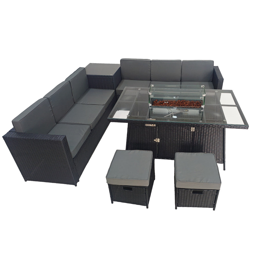 BIRCHTREE Rattan Furniture Set 8-Seater with Fire Pit Table, Side Table & Stool 10