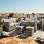 BIRCHTREE Rattan Furniture Set 8-Seater with Fire Pit Table, Side Table & Stool 10