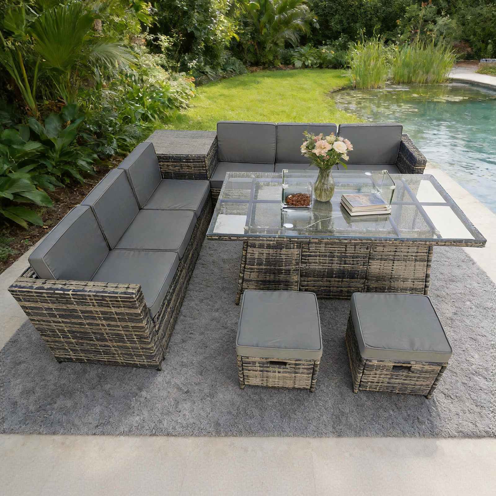 BIRCHTREE Rattan Furniture Set 8-Seater with Fire Pit Table, Side Table & Stool 10