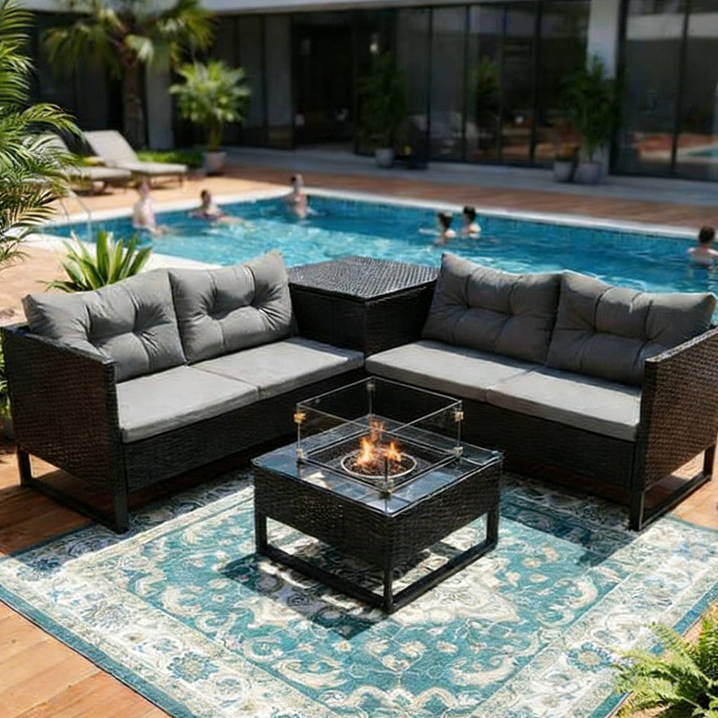 BIRCHTREE Rattan Furniture Set 4-Seater with Fire Pit Table & Side Storage Box 11