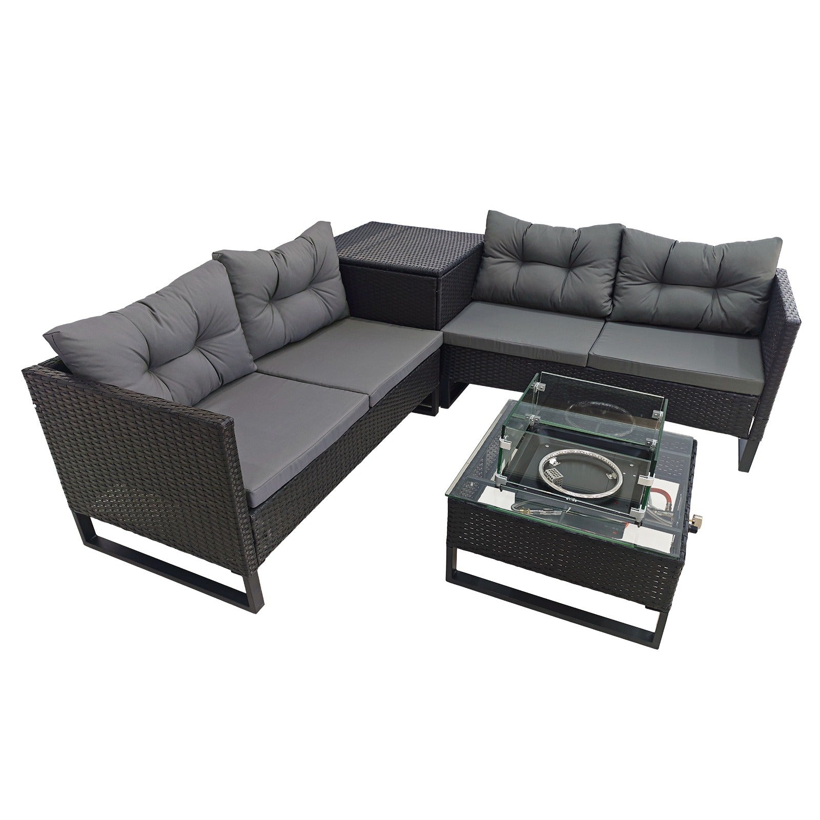BIRCHTREE Rattan Furniture Set 4-Seater with Fire Pit Table & Side Storage Box 11