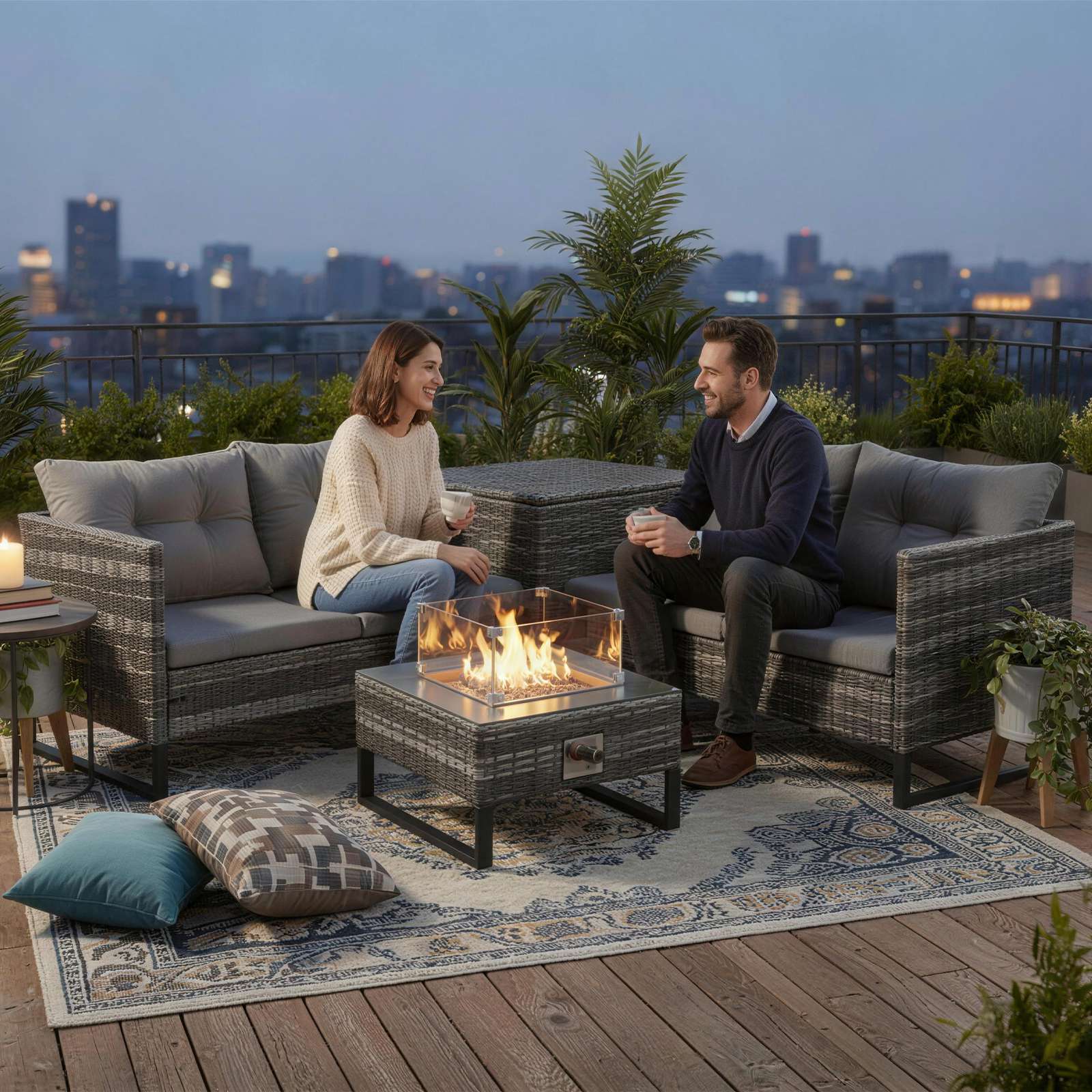 BIRCHTREE Rattan Furniture Set 4-Seater with Fire Pit Table & Side Storage Box 11