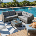 BIRCHTREE Rattan Furniture Set 4-Seater with Fire Pit Table & Side Storage Box 11