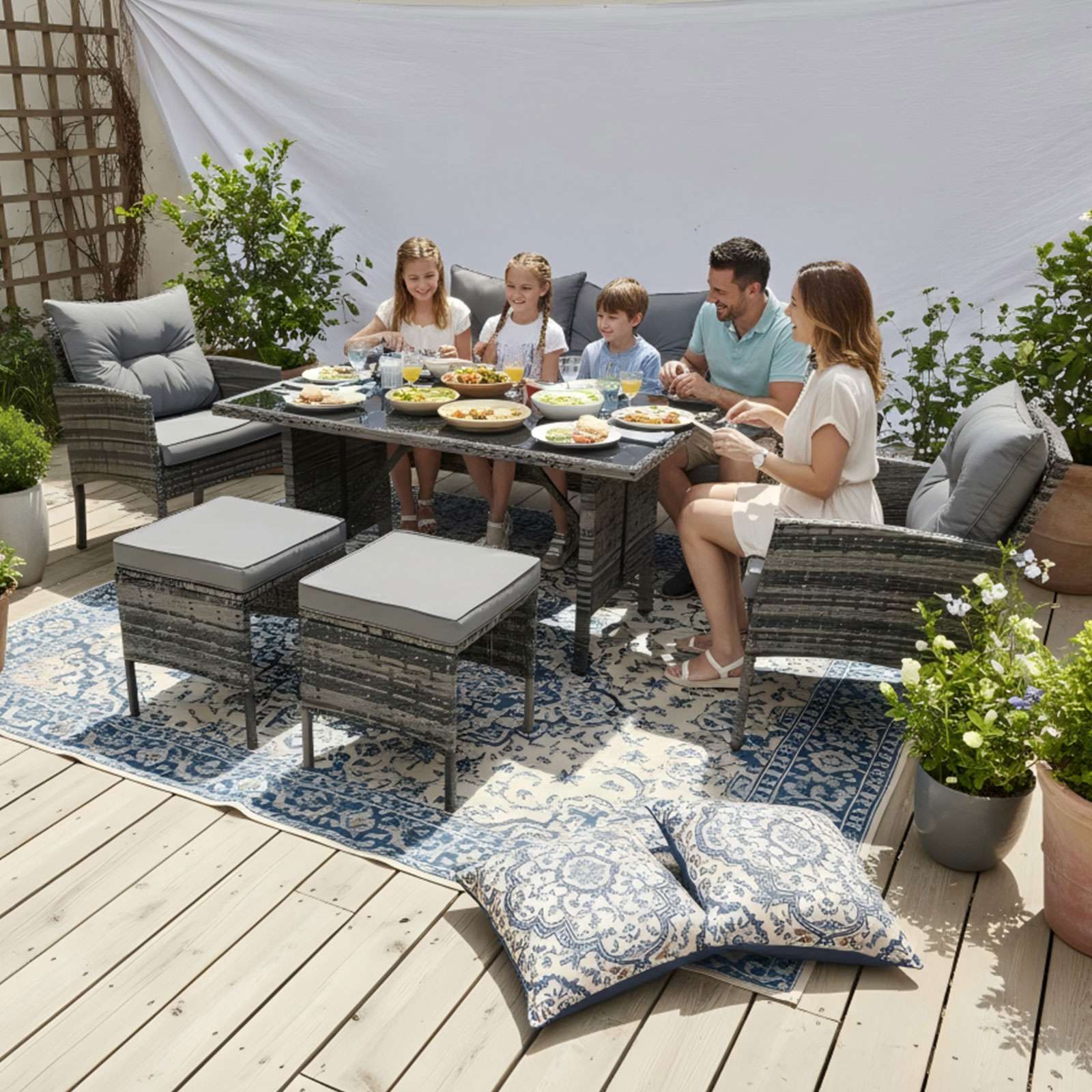 BIRCHTREE Rattan Furniture Set 7-Seater with Table Armchairs Stools 12