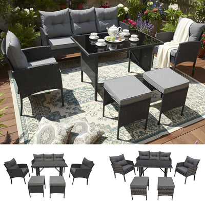 BIRCHTREE Rattan Furniture Set 7-Seater with Table Armchairs Stools 12