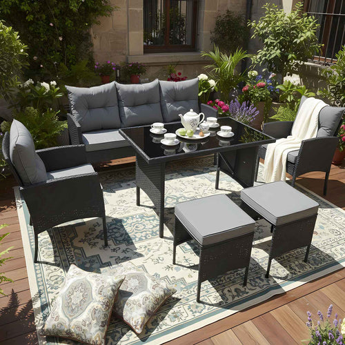 BIRCHTREE Rattan Furniture Set 7-Seater with Table Armchairs Stools 12