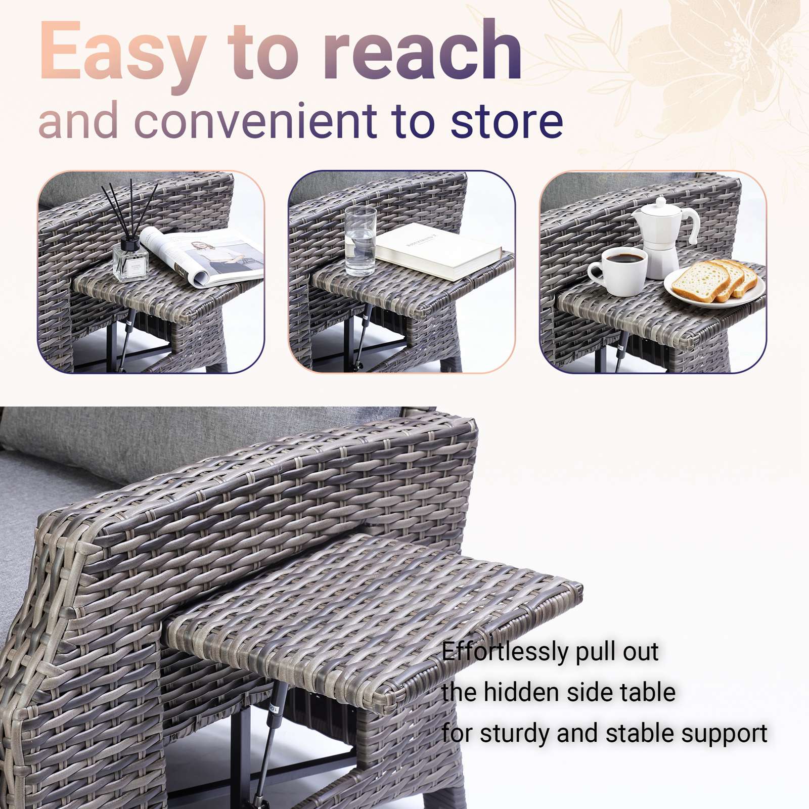 BIRCHTREE Rattan Armchair with Flip-Up Side Table