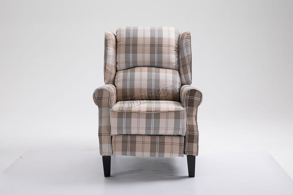 Beige checkered recliner armchair on a white background
