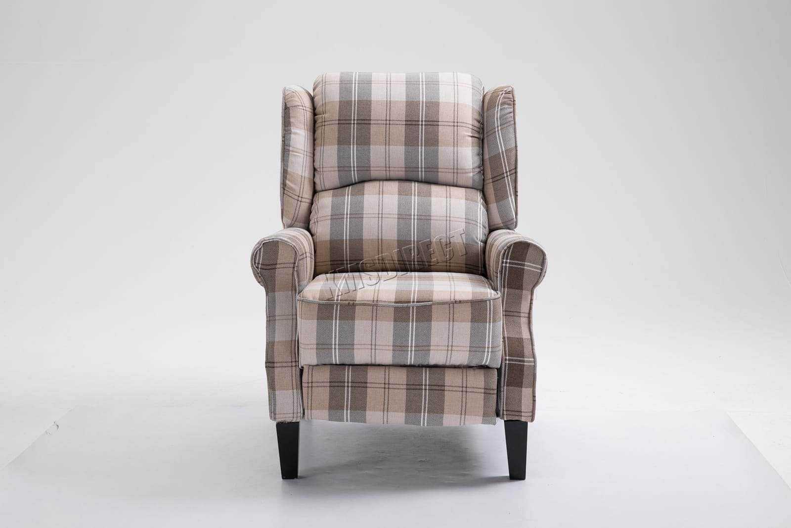 Beige checkered recliner armchair on a white background