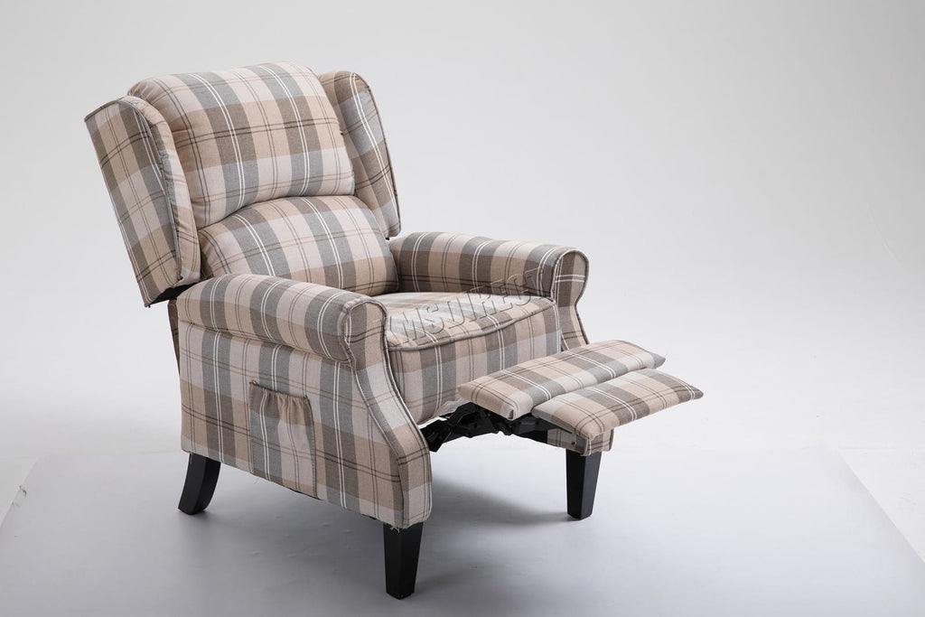 Beige checkered recliner armchair with footrest on a white background