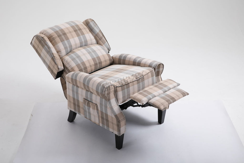 Beige checkered recliner armchair with footrest on a white background