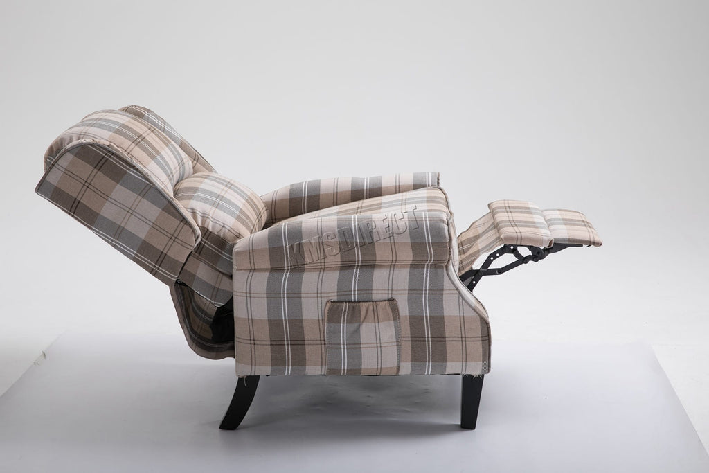 Beige checkered recliner armchair on a white background