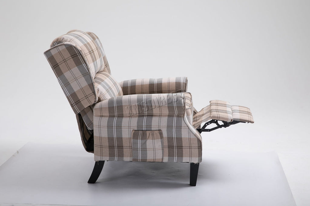 Beige checkered recliner armchair on a white background