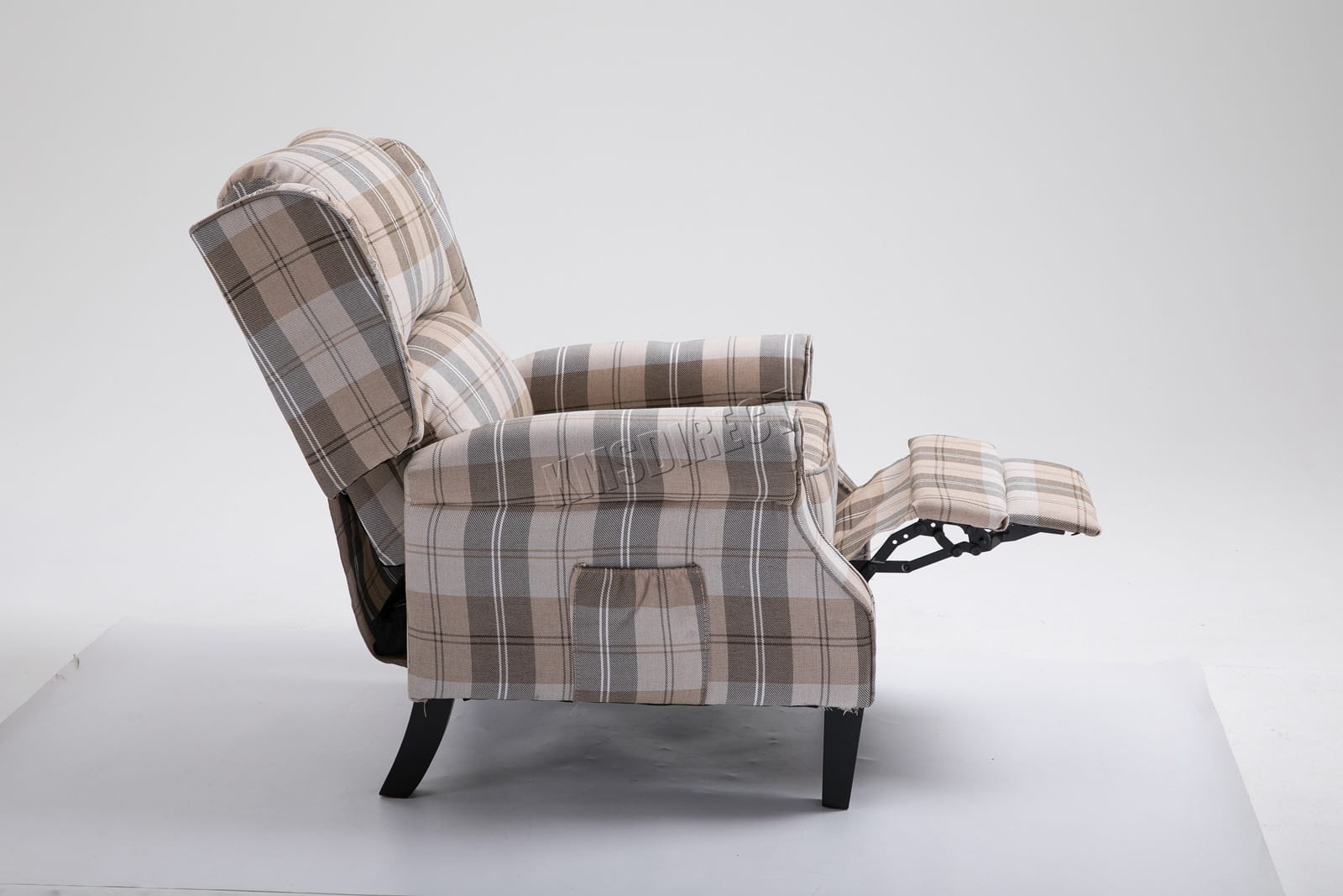Beige checkered recliner armchair on a white background