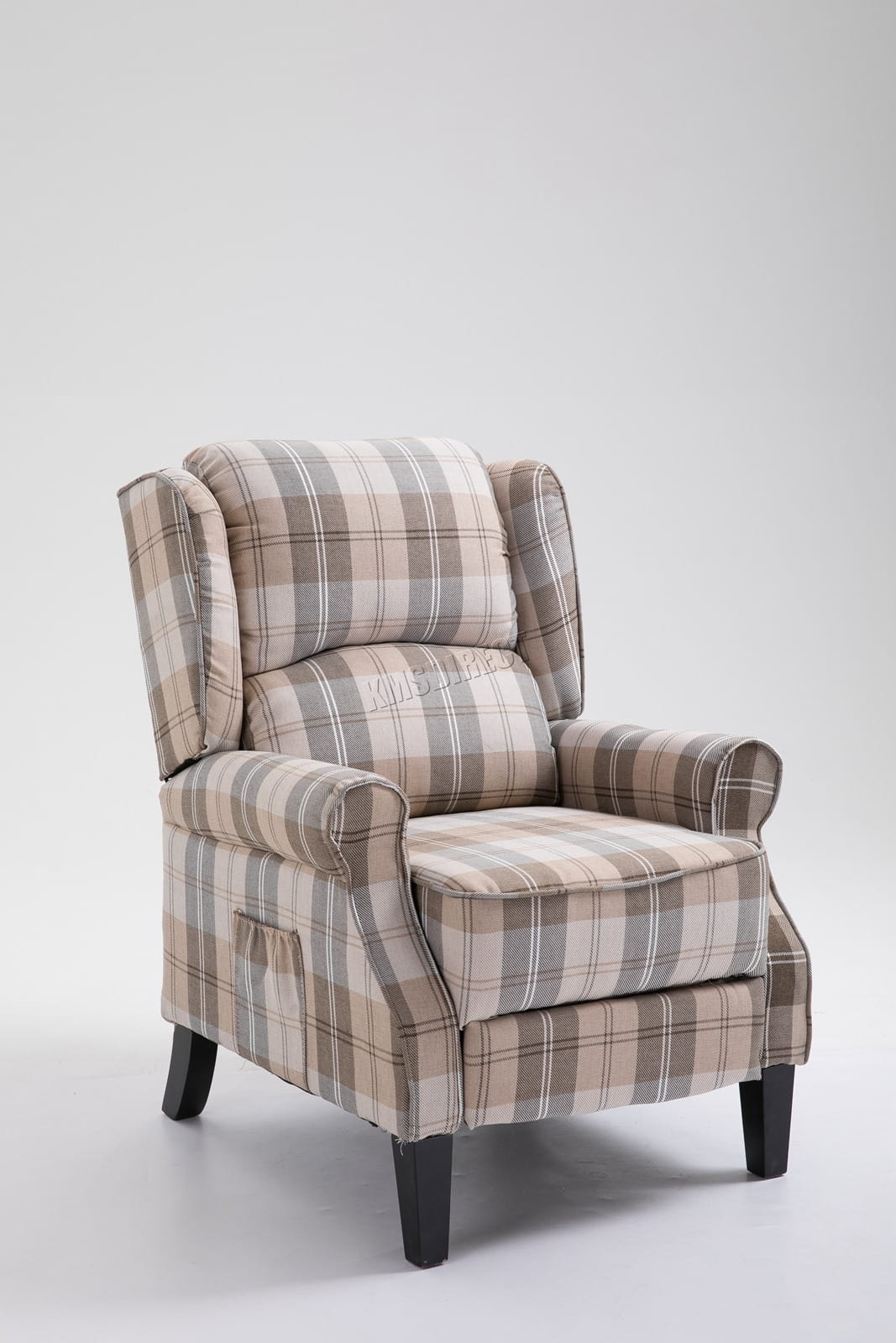 Beige checkered recliner armchair on a white background