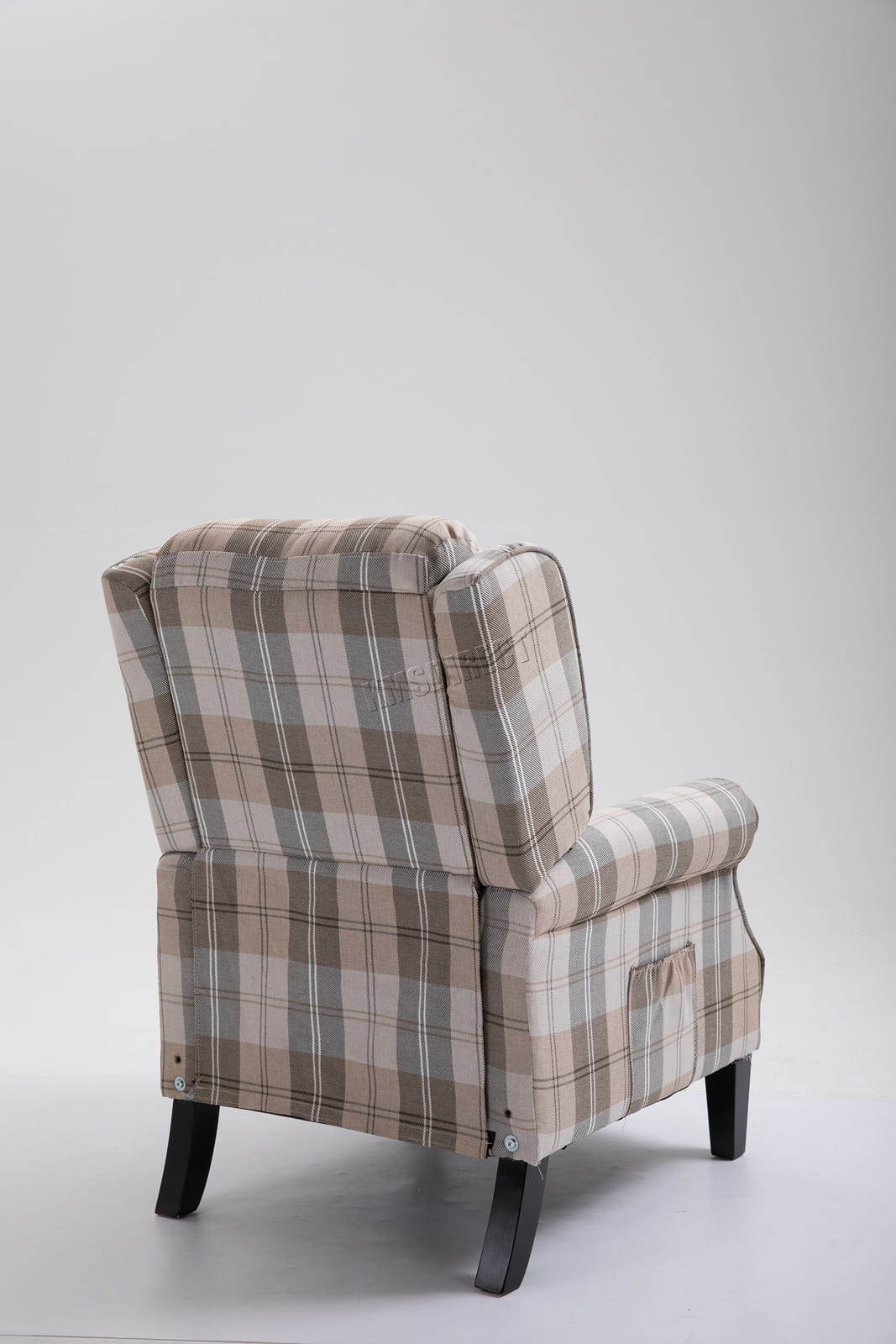 Beige checkered recliner armchair on a white background