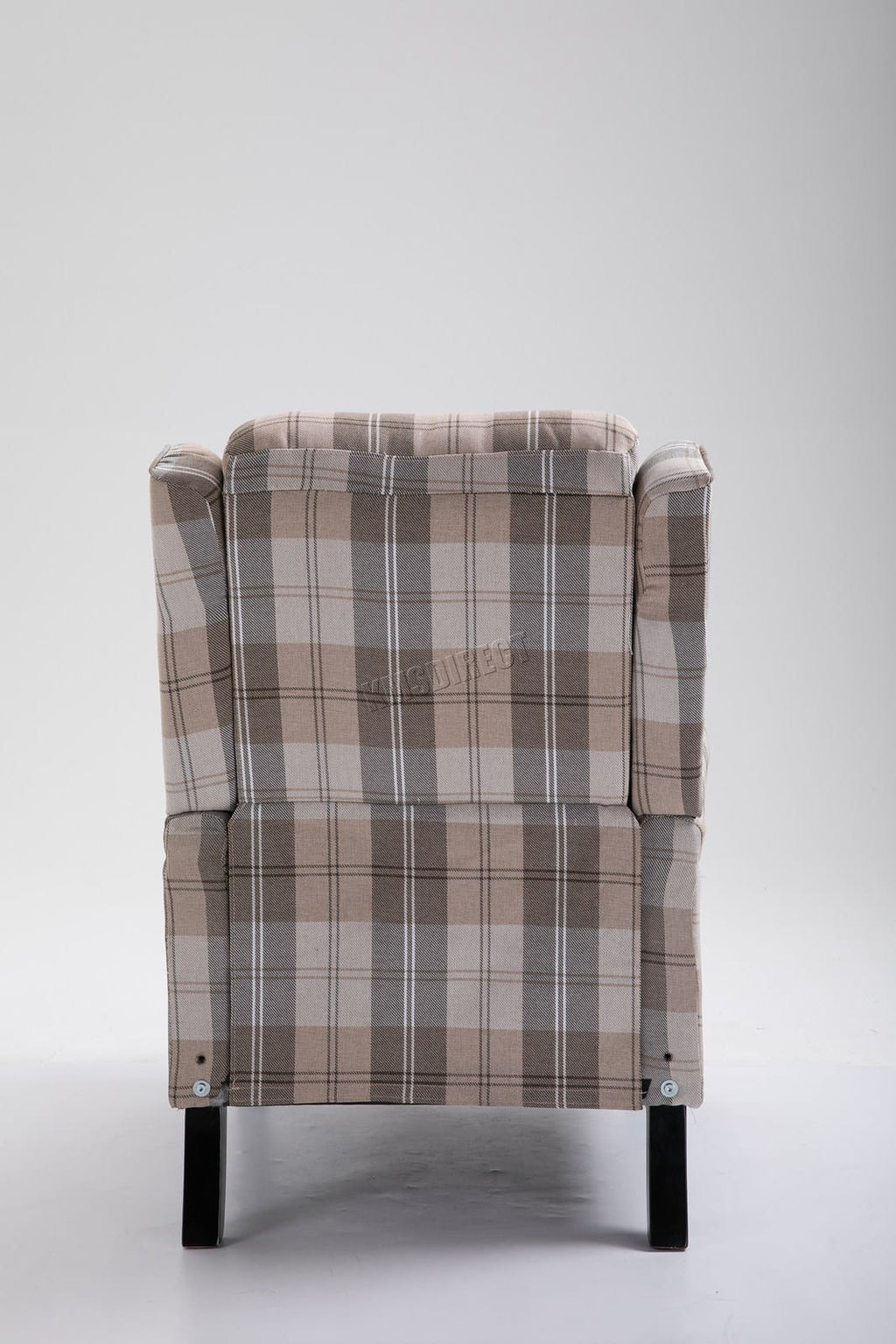 Beige checkered recliner armchair on a white background