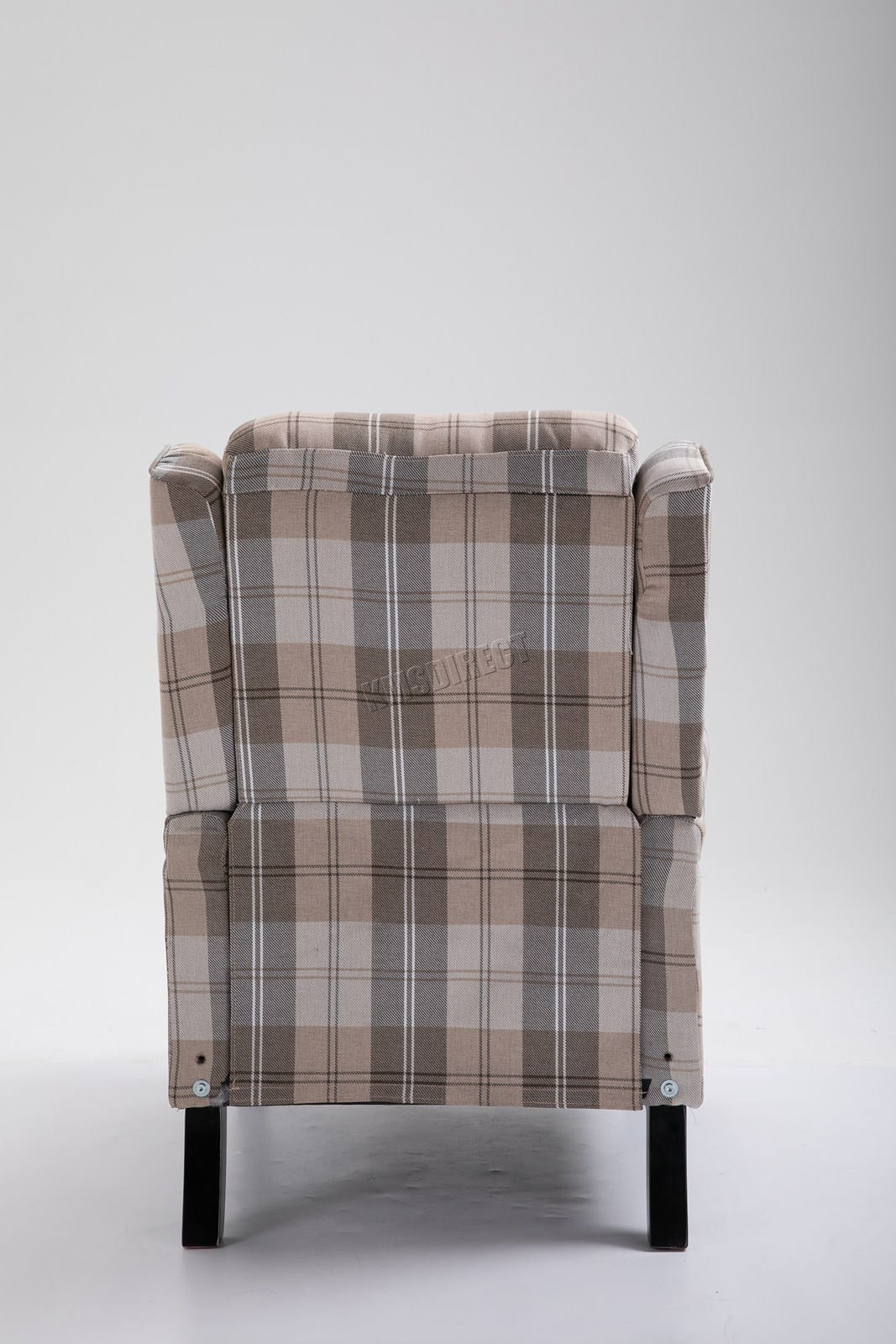 Beige checkered recliner armchair on a white background