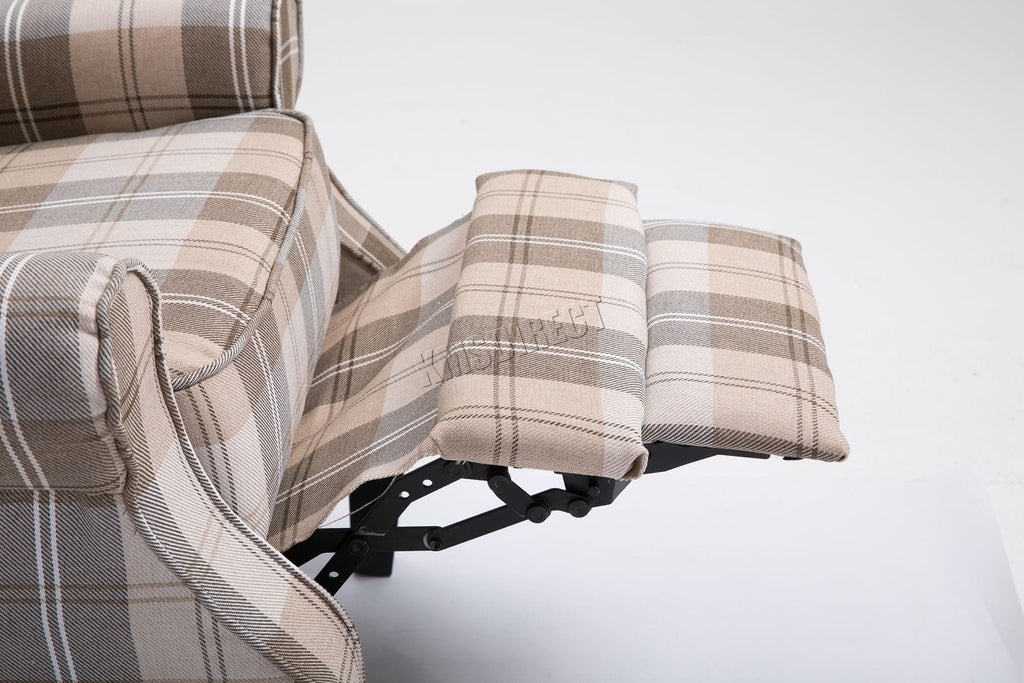 Beige checkered recliner armchair with a footrest on a white background