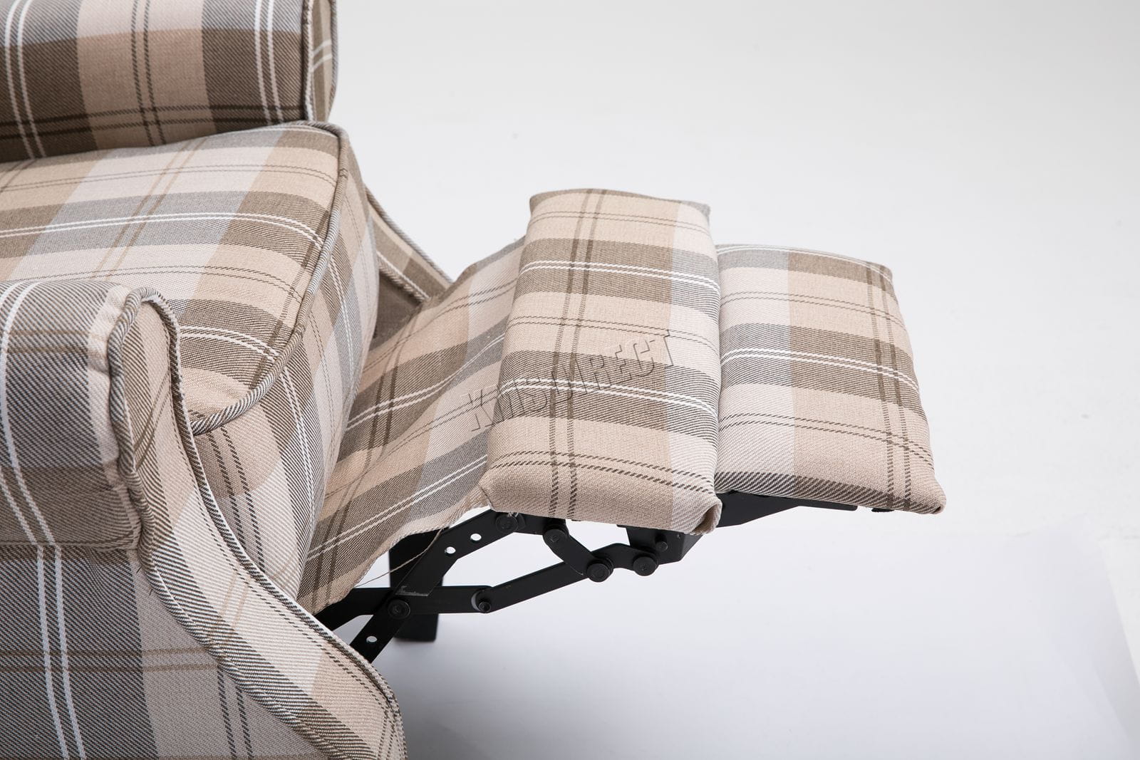 Beige checkered recliner armchair with a footrest on a white background