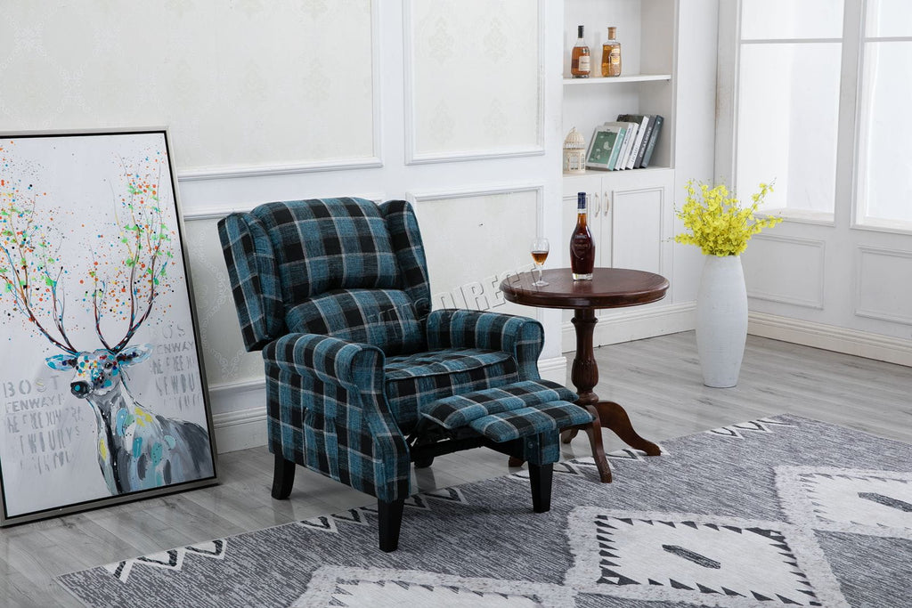 Blue checkered recliner armchair in a living room setting with a deer painting and small table.