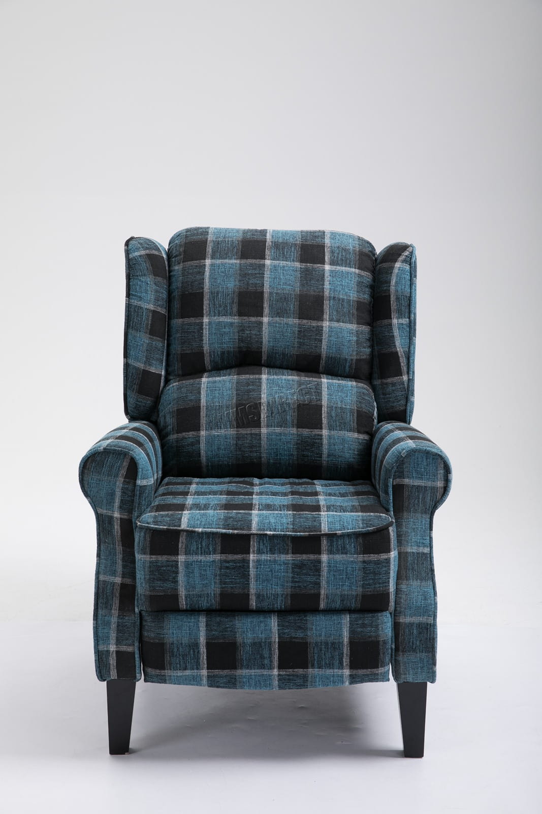 Blue checkered recliner armchair on a white background