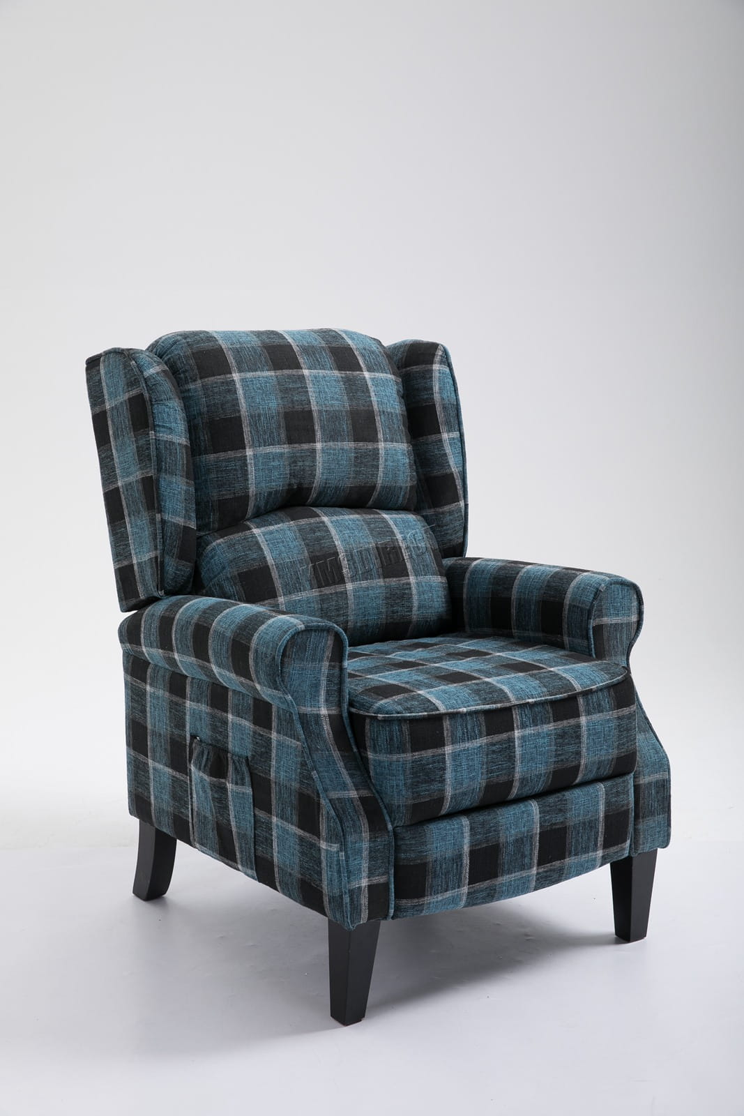 Blue checkered recliner armchair on a white background